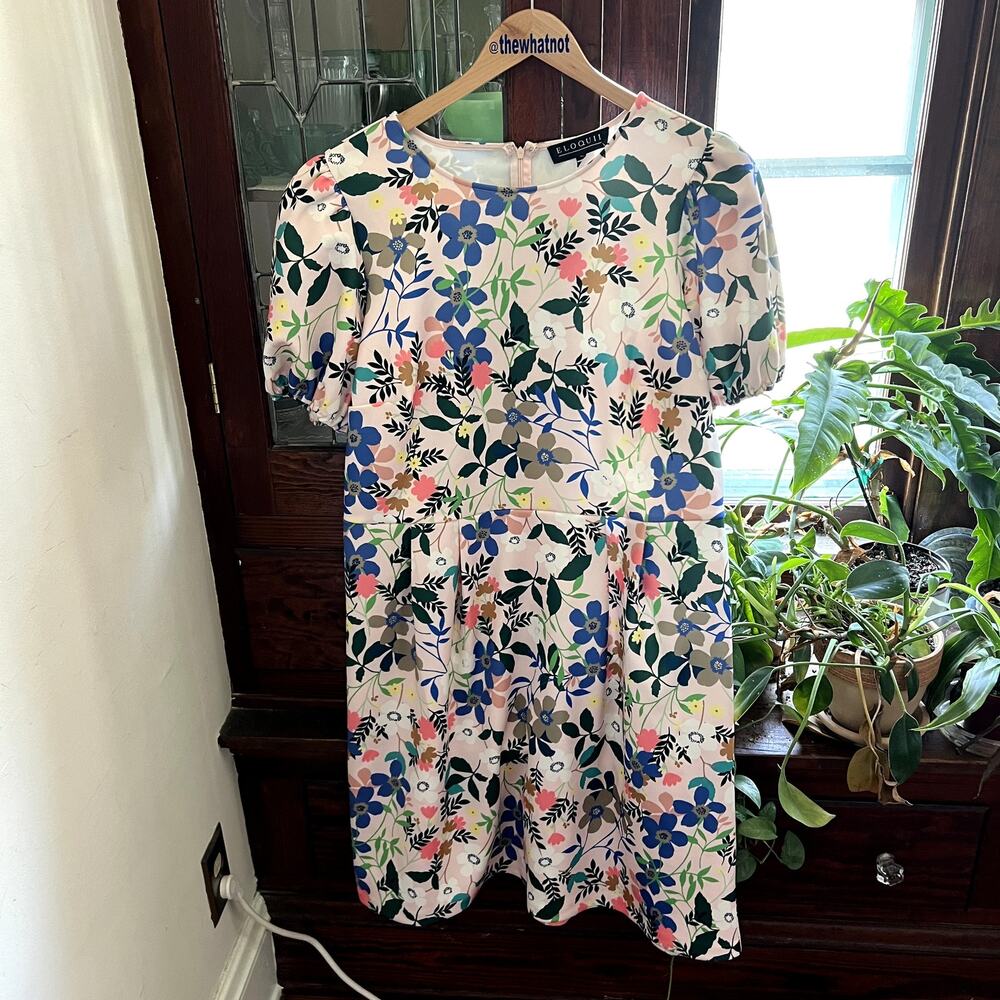 Eloquii Floral Scuba Puff Sleeve Fit Flare Dress Pink Size 16 NWT - Picture 8 of 16